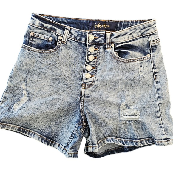Indigo Rein Pants - Indigo Rein Acid Wash High Rise Button Fly Denim Shorts Blue Sz 9/28 Distressed